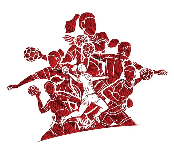 Groupe Joueuses Handball Mélange Action Cartoon Sport Graphic Vector — Image vectorielle