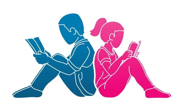 Boy Girl Reading Books Together Cartoon Children Education Graphic Vector — Stockový vektor