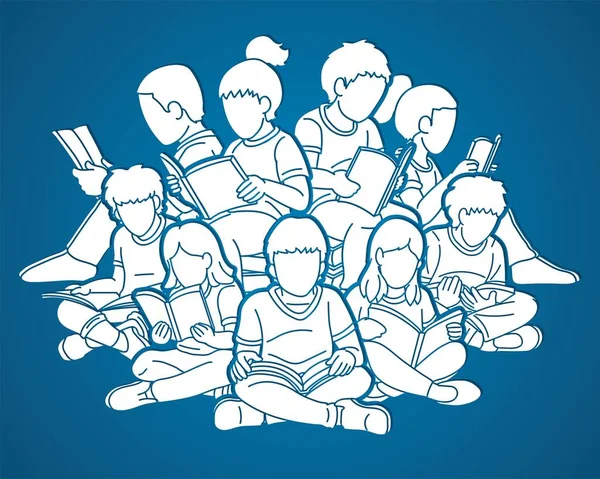 Gruppo Bambini Che Leggono Libri Insieme Cartoon Education Graphic Vector — Vettoriale Stock
