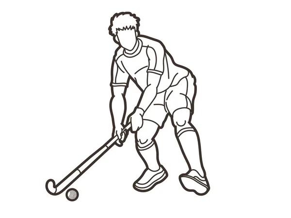 Campo Hockey Deporte Hombre Jugador Acción Dibujos Animados Esquema Gráfico — Vector de stock