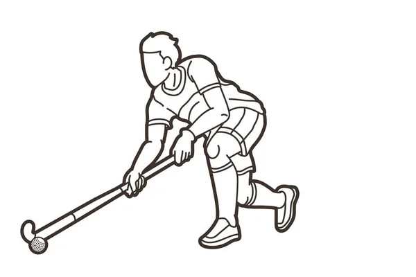 Πεδίο Hockey Sport Άνδρας Παίκτης Δράση Γελοιογραφία Περίγραμμα Γραφικού Διάνυσμα — Διανυσματικό Αρχείο