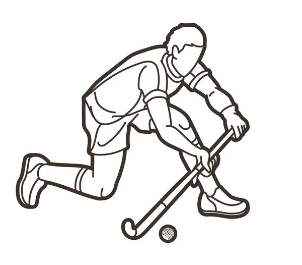 Field Hockey Sport Male Player Action Cartoon Outline Graphic Vector — Stock Vector
