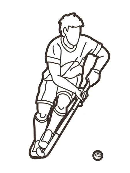 Hockey Sur Gazon Sport Joueur Masculin Action Cartoon Outline Graphic — Image vectorielle