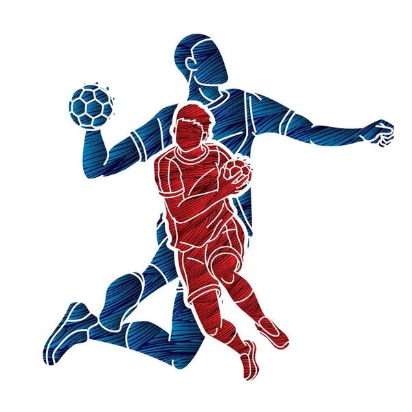Handboll Sport Manliga Spelare Team Män Mix Action Cartoon Grafisk — Stock vektor