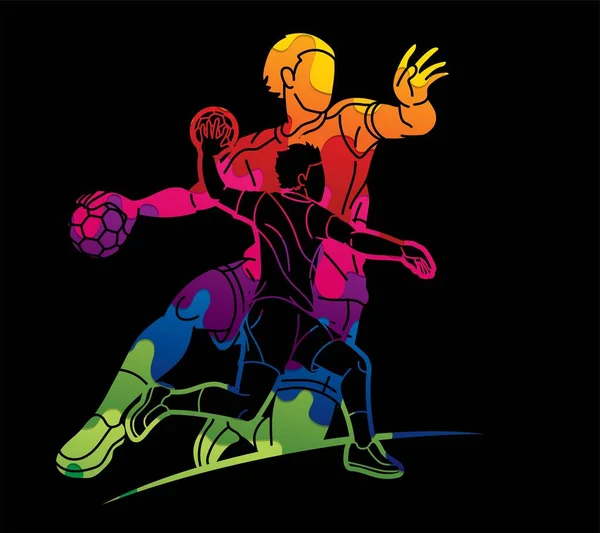 Handebol Esporte Jogadores Masculinos Equipe Homens Misturar Ação Cartoon Graphic —  Vetores de Stock