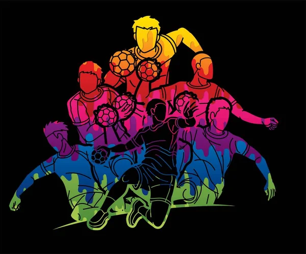 Handball Sport Male Players Team Mix Δράση Cartoon Graphic Vector — Διανυσματικό Αρχείο