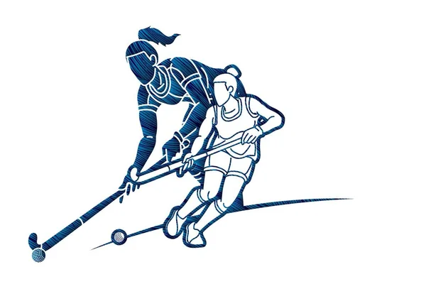 Campo Hockey Deporte Equipo Jugadoras Acción Juntos Dibujos Animados Vector — Vector de stock