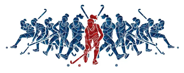 Field Hockey Sport Team Femei Jucători Acțiune Împreună Desene Animate — Vector de stoc