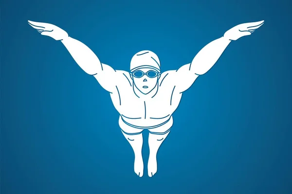 Plavání Sport Muž Plavec Akční Karikatura Silueta Grafický Vektor — Stockový vektor
