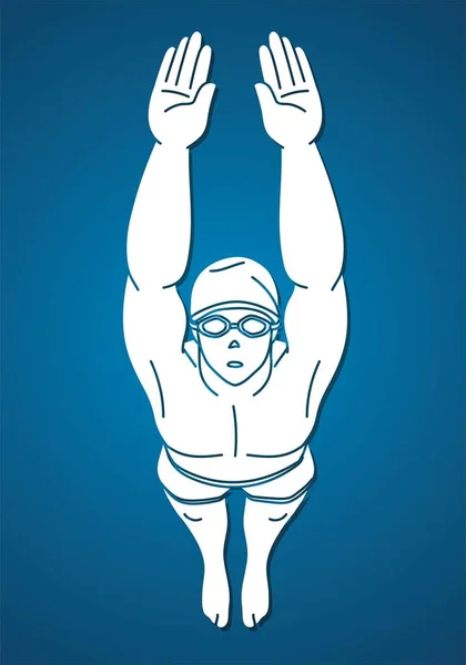 Yüzme Sporu Erkek Yüzücü Eylemi Çizgi Film Silueti Grafik Vektörü — Stok Vektör