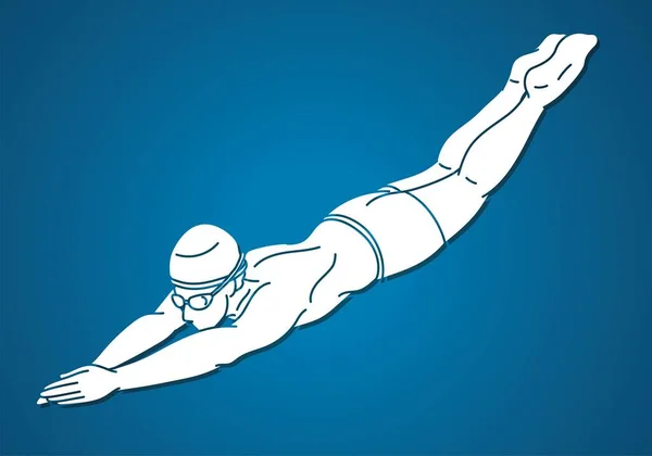 Natación Deporte Nadador Masculino Acción Dibujos Animados Silueta Vector Gráfico — Archivo Imágenes Vectoriales