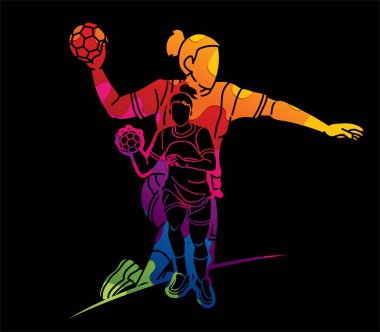 Hentbol Oyuncuları Grubu Karışık Kadın Çizgi Film Spor Takımı Grafik Vektörü