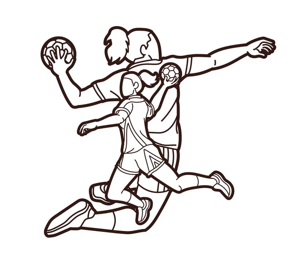 Gruppe Der Handballspielerinnen Frauen Mix Action Cartoon Sport Team Graphic — Stockvektor