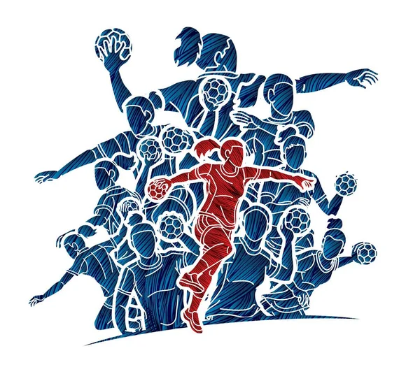 ハンドボール選手のグループ女性ミックスアクション漫画スポーツチームグラフィックベクター — ストックベクタ