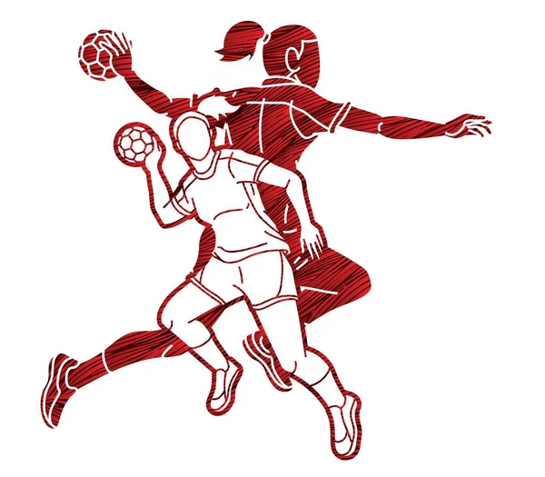 Grupo Jugadores Balonmano Mezcla Femenina Acción Dibujos Animados Deporte Equipo — Archivo Imágenes Vectoriales