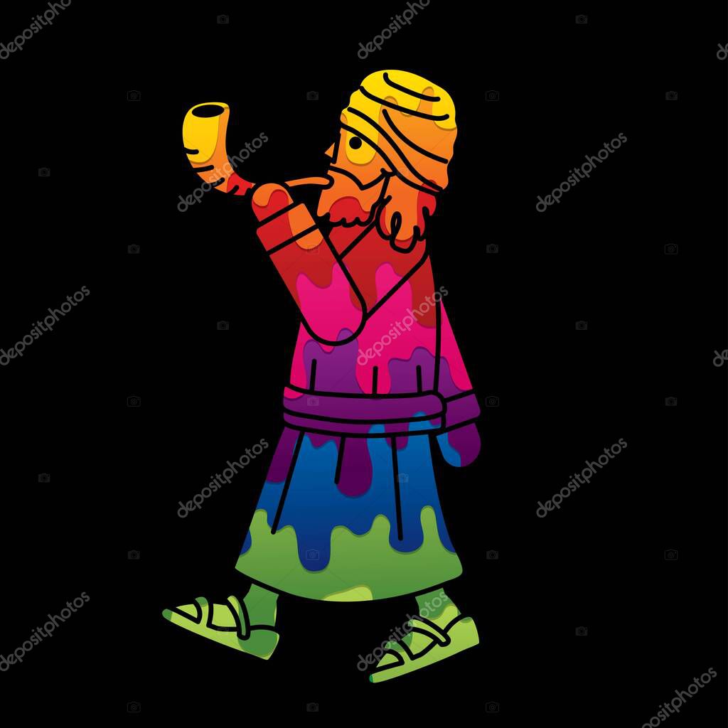 Jewish Blowing the Shofar Sheep Horn Cartoon Graphic Vector