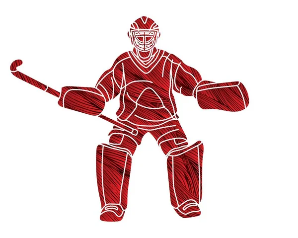 Campo Hockey Deporte Hombre Jugador Acción Dibujos Animados Esquema Gráfico — Vector de stock