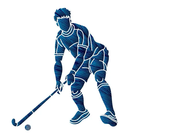 Hockey Sur Gazon Sport Joueur Masculin Action Cartoon Outline Graphic — Image vectorielle