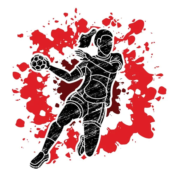 Handball Sport Woman Player Action Cartoon Graphic Vector — Vetor de Stock
