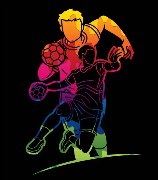 Groupe Handball Sport Joueurs Masculins Equipe Hommes Mix Action Cartoon — Image vectorielle