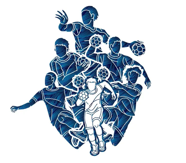 グループのハンドボールスポーツ男性選手チーム男性ミックスアクション漫画グラフィックベクトル — ストックベクタ