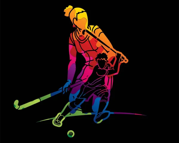 グループ フィールドホッケースポーツチーム男性と女性の選手ミックスアクション漫画グラフィックベクトル — ストックベクタ