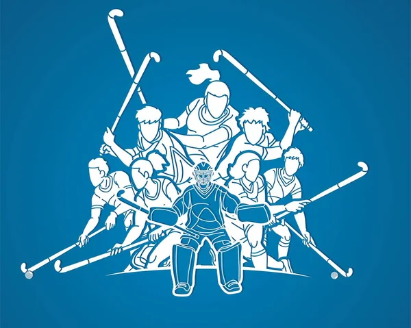 田径曲棍球运动队男 女队员组合动作卡通人物 — 图库矢量图片
