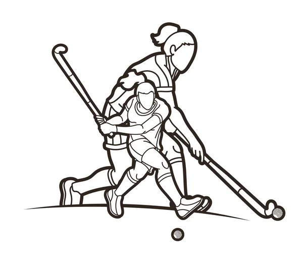 Campo Hockey Deporte Equipo Jugadoras Acción Juntos Dibujos Animados Vector — Archivo Imágenes Vectoriales