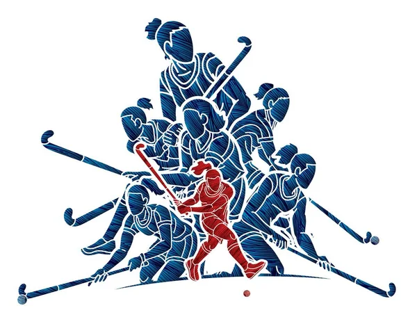 Field Hockey Sport Team Female Players Action Together Cartoon Graphic — Stock Vector