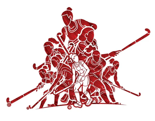 Hockey Sur Gazon Sport Équipe Joueuses Action Ensemble Cartoon Graphic — Image vectorielle