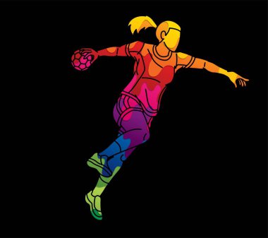 Hentbol Spor Kadın Oyuncu Eylem Çizgi Filmi Grafik Vektörü