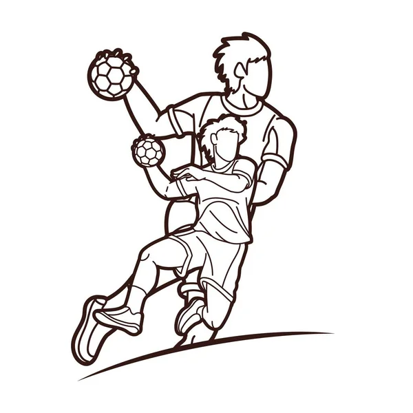 Balonmano Deporte Jugadores Masculinos Equipo Hombres Mezcla Acción Dibujos Animados — Vector de stock