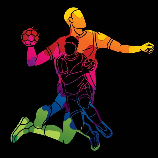 Balonmano Deporte Jugadores Masculinos Equipo Hombres Mezcla Acción Dibujos Animados — Vector de stock