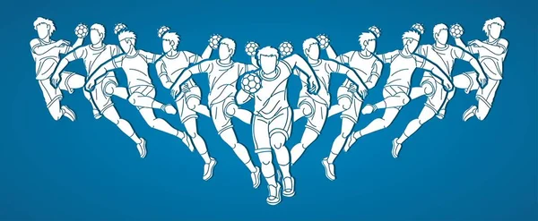 Handbal Sport Bărbați Jucători Echipa Bărbați Amesteca Acțiune Desen Animat — Vector de stoc