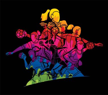 Hentbol Oyuncuları Grubu Karışık Kadın Çizgi Film Spor Takımı Grafik Vektörü