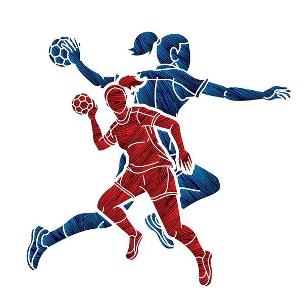 Grupp Handboll Spelare Kvinna Mix Action Cartoon Sport Team Grafisk — Stock vektor