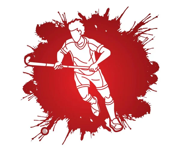 Campo Hockey Deporte Hombre Jugador Acción Dibujos Animados Esquema Gráfico — Archivo Imágenes Vectoriales