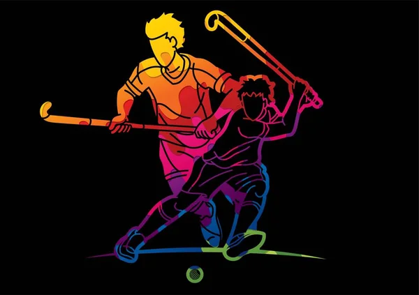 Group Field Hockey Sport Male Players Mix Action Cartoon Graphic — Stock Vector