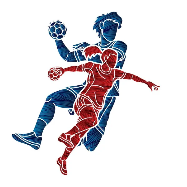 Handball Sport Αρσενικό Και Θηλυκό Παίκτες Team Mix Δράση Γεω — Διανυσματικό Αρχείο