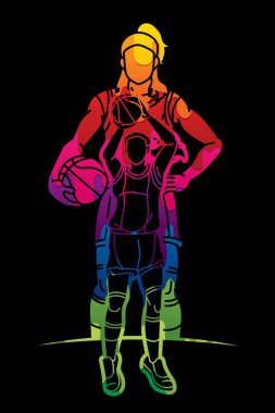 Group of Basketball Female Players Action Cartoon Sport Graphic Vector