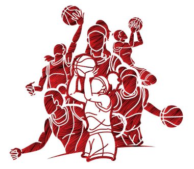 Group of Basketball Female Players Action Cartoon Sport Graphic Vector