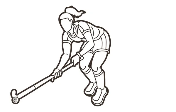 Campo Hockey Deporte Jugador Femenino Acción Dibujos Animados Deporte Vector — Vector de stock