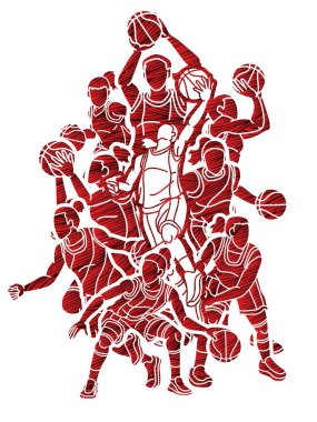 Group of Basketball Female Players Action Cartoon Sport Graphic Vector