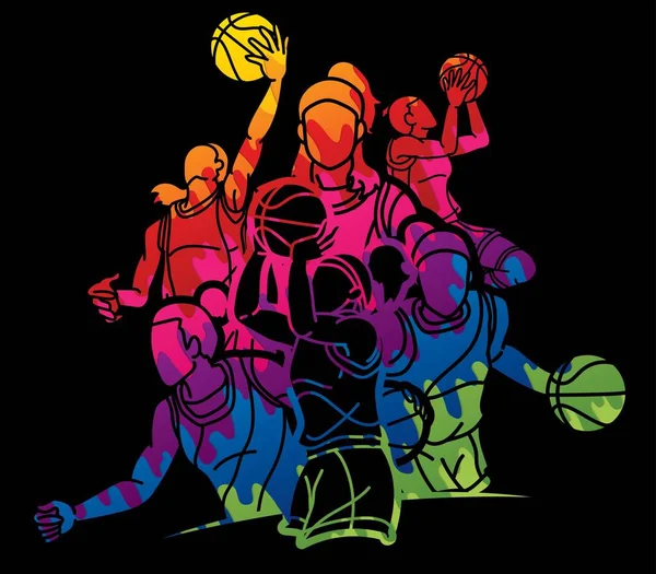 Gruppe Der Basketballspielerinnen Action Cartoon Sport Graphic Vector — Stockvektor