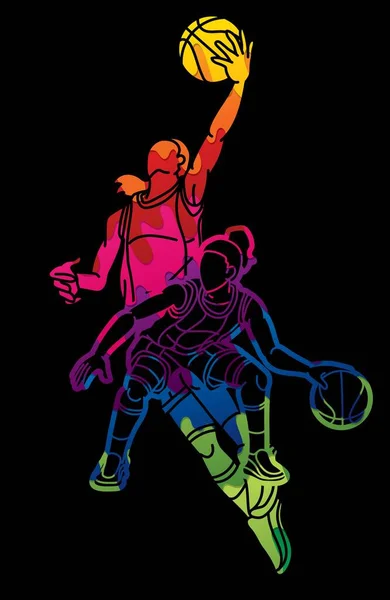 Groupe Basketball Joueuses Action Cartoon Sport Graphic Vector — Image vectorielle
