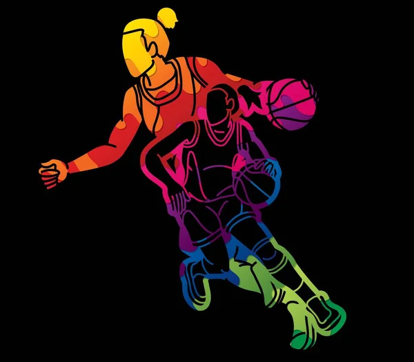Group Basketball Female Players Action Cartoon Sport Graphic Vector — Stock Vector