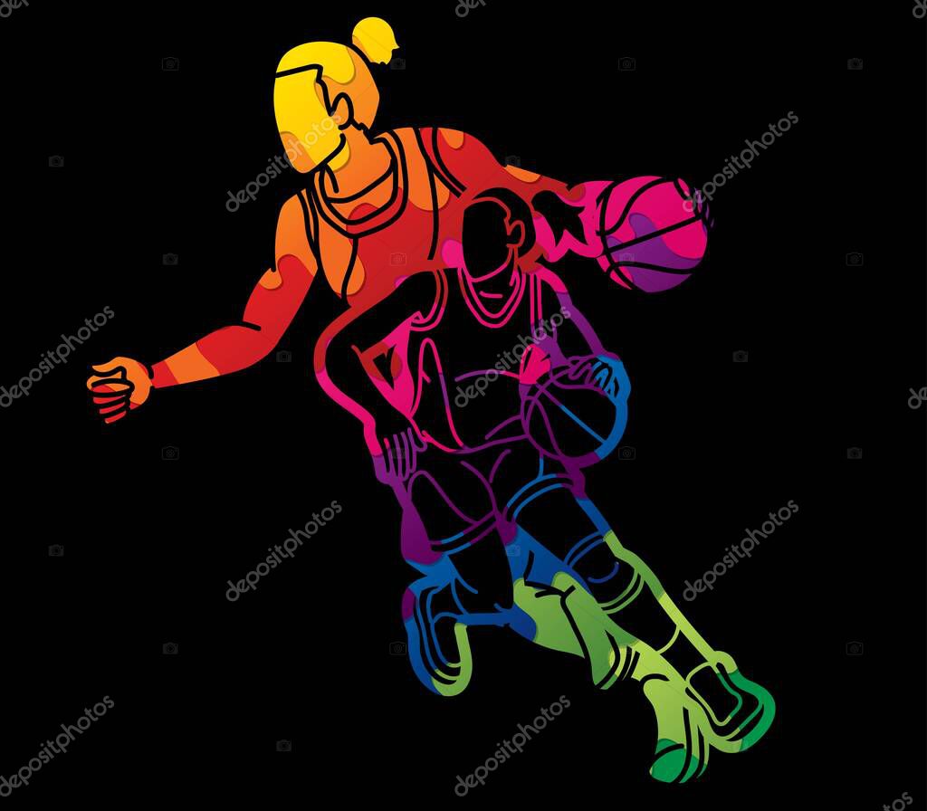 Group of Basketball Female Players Action Cartoon Sport Graphic Vector