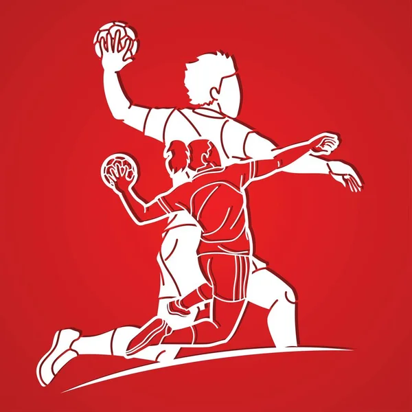 Handball Sport Team Male Female Players Mix Action Cartoon Graphic — Stock Vector