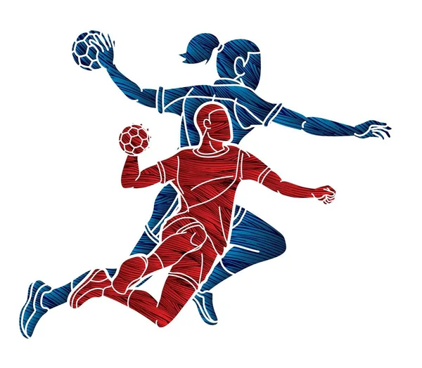 Handebol Sport Team Jogadores Masculinos Femininos Misture Ação Cartoon Graphic —  Vetores de Stock