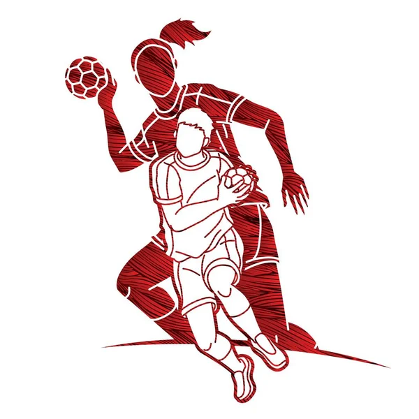 Piłka Ręczna Sport Team Mężczyzna Kobieta Gracze Mix Action Cartoon — Wektor stockowy